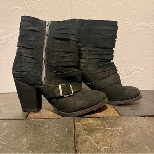 NWOT Naughty Monkey Black Suede Fringe Heeled Boots